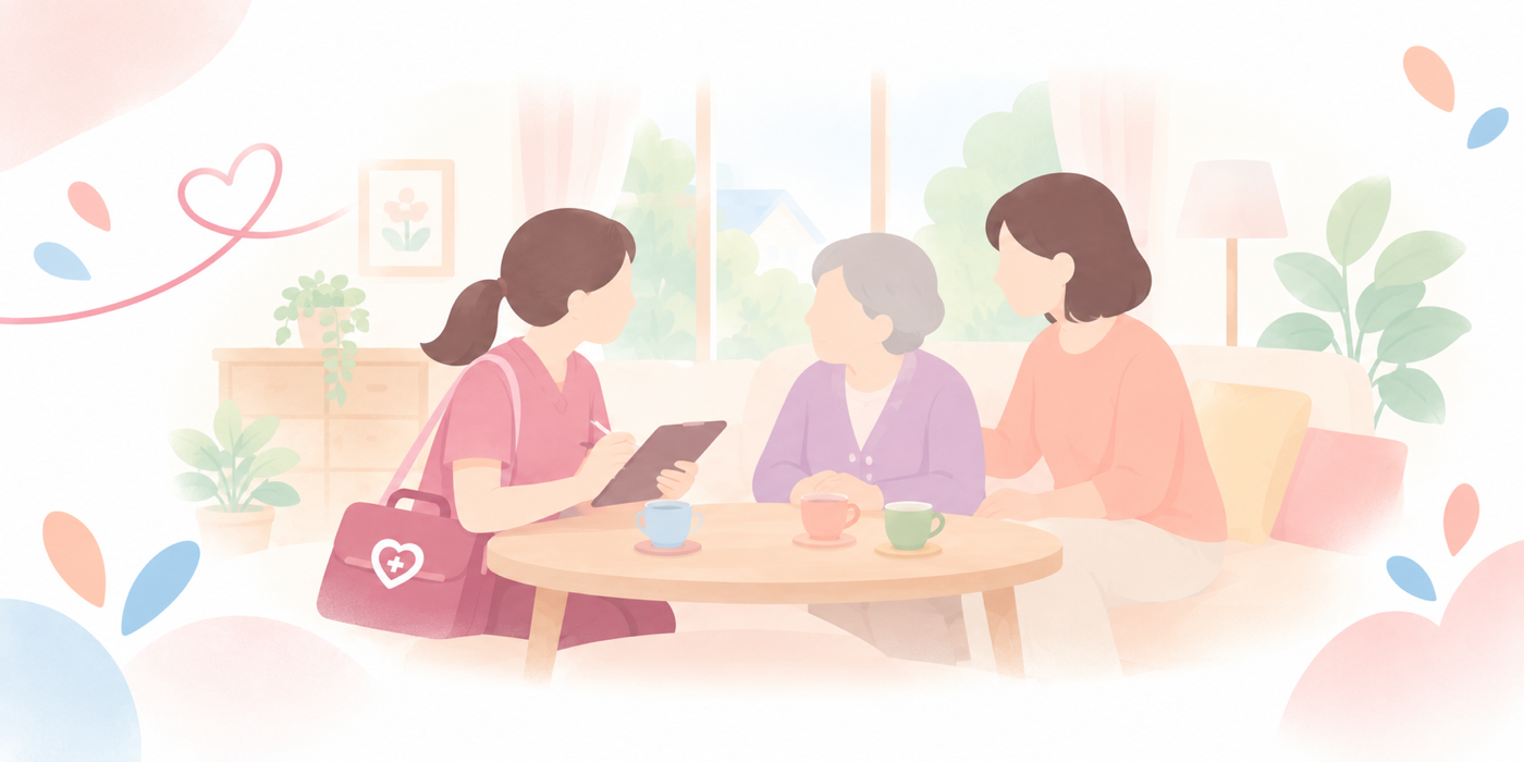 ご自宅で、ご家族の相談に耳を傾ける看護師のイラスト