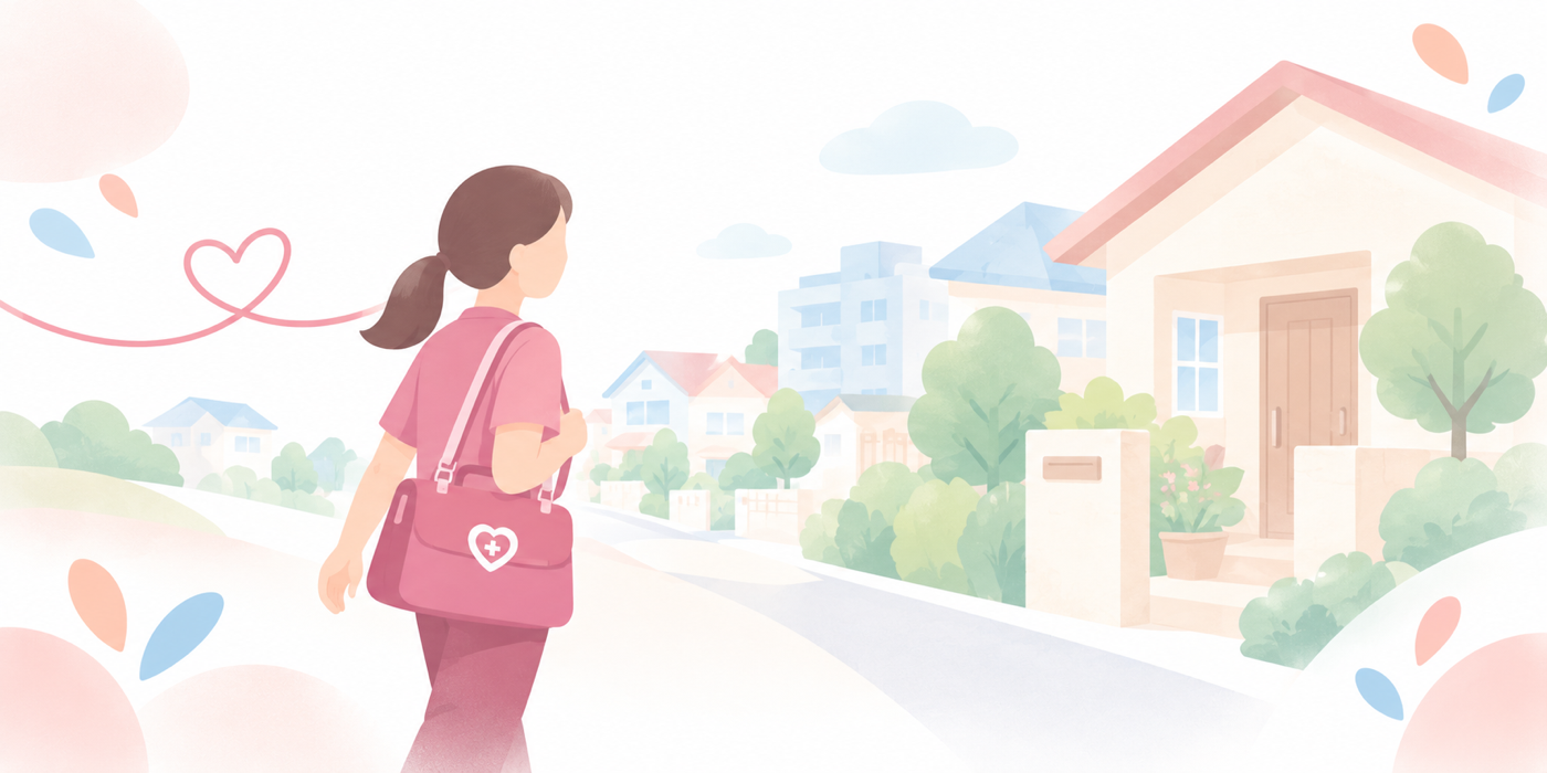 大分市の住宅街を、訪問先へ向かって歩く看護師のイラスト